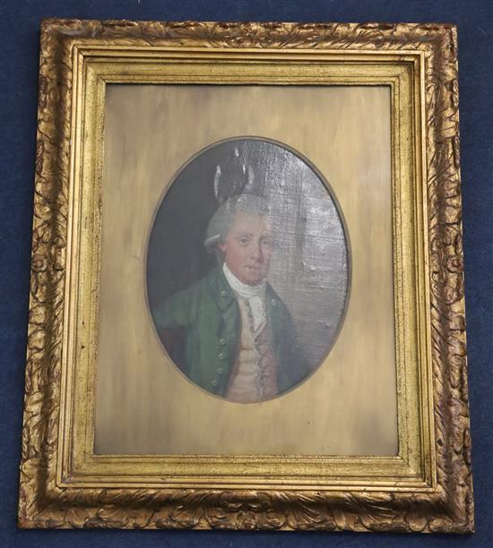 English School (late 18th century) Head and shoulder portrait of a gentleman wearing a powdered wig 12.25 x 9.25in.